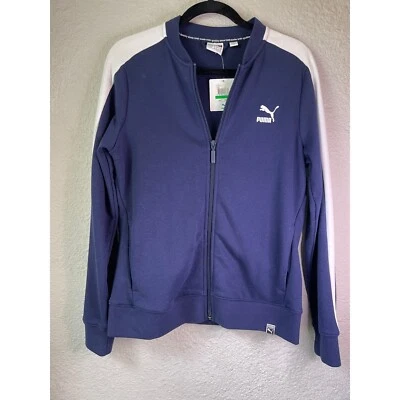Chaqueta deportiva Puma con cremallera completa a rayas blancas azul marino grande para mujer Foto 1 de 4