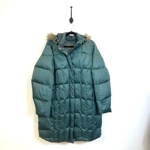 Women’s Eddie Bauer 2X Classic Down Duffle Coat Emerald Green Hooded Fur - Picture 1 of 13
