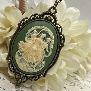 Bronze Gold Wife Dancers Muses Muse Cameo Green Victorian Necklace Charm Gift - Picture 1 of 11