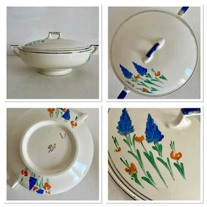 Myott Son & Co Lidded Tureen Serving Dish Blue & Orange Flowers Art Deco VGC! - Picture 1 of 14
