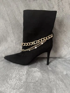 Guess Ankle Boots Black Suede w/ Gold & Diamonds Accents 3" Heels Size 8M - Picture 1 of 10