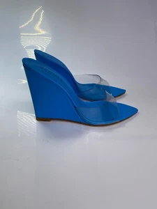 SCHUTZ Women's Blue Lucimara Vinyl Wedge Sandal Heel Sz 7.5 - Picture 1 of 10