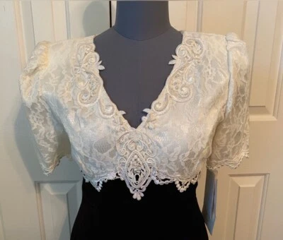 Novo com etiquetas Vintage Anos 90 Scott McClintock Preto Veludo Marfim Vestido Chá de Renda 6 Natal - Imagem 1 de 4