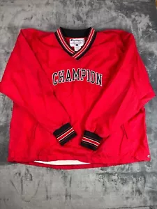 VTG Champion Windbreaker Jacket Men’s Sz XL Red Pullover Nylon Pockets Spellout - Picture 1 of 24