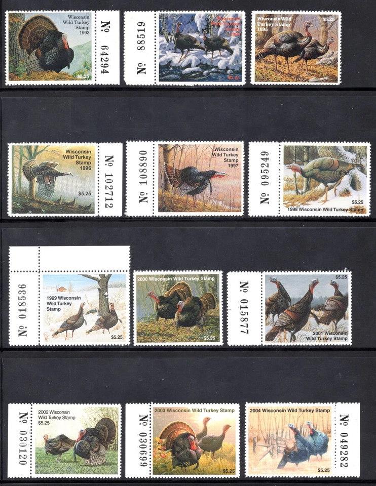 US WISCONSIN 12 TURKEY HUNTING STAMPS 1993-2004 ALL MINT NEVER HINGED - Image 1 of 1