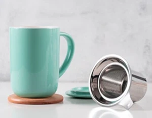 Porcelain Tea Mug with Infuser & Lid, Teaware with Filter & Coaster, 16 oz, Turq - Picture 1 of 6