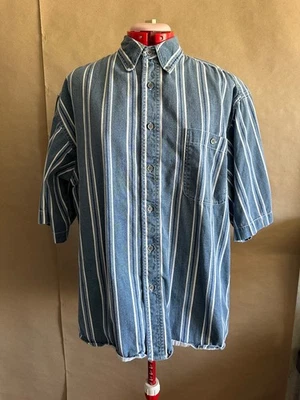 ВИНТАЖНАЯ 1990-х годов бокс-офис мужской синий в полоску рубашка с коротким рукавом на пуговицах - XL - Изображение 1 из 4