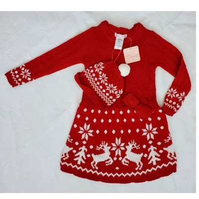 NWT Red Holiday Sweater Dress/Hat Set Reindeer Snowflake Knitted Sz 5 Fair Isle - Image 1 of 4