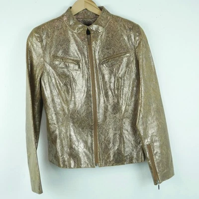 Vintage Size 4 Leather Jacket Snakeskin Print Bronze Metallic Y2K Zip Glam 90s - Image 1 of 4