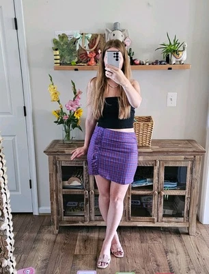 Topshop Mini Skirt UK 12 US 8 Pink Blue Check Plaid Ruched Side Party Retro - Image 1 of 4