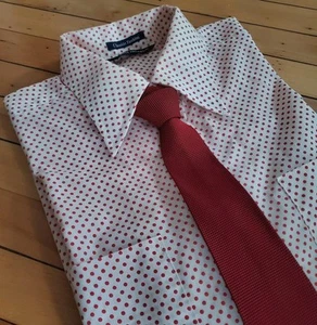 70s Van Heusen Red Polka Dot Mens XL Button LS Shirt Dress Suit Disco Rockabilly - Picture 1 of 7