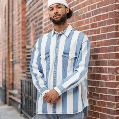 Levi's Men Barstow Western Button Down Shirt Striped Denim Polo Collar Oversized - Image 1 of 4