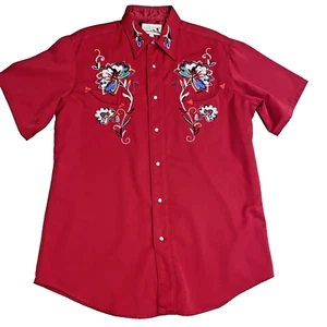 Vintage Roper Shirt Mens Large SS Red Western Needlepoint Flowers Rodeo Cowboy - Picture 1 of 20