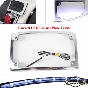 Chrome Curved License Plate Mount Frame w/  LED Brake Light For Harley Davidson - Picture 1 of 10