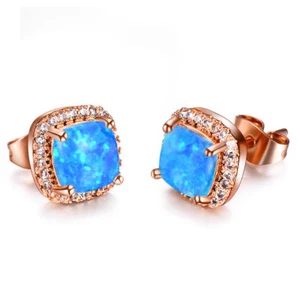 Xmas Handmade 6 MM Suqare Cut Blue Fire Opal Gems Rose Gold Plated Stud Earrings - Picture 1 of 6