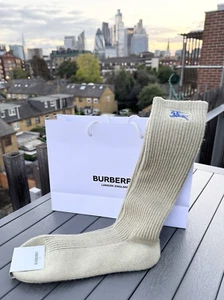 NEW Burberry Cashmere Embroidered Logo Ribbed Socks Beige Unisex S UK 5-7 £120 - Picture 1 of 11