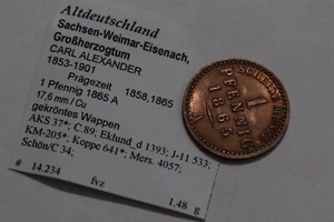 π§ π©πͺ GERMANY SAXONY WEIMAR 1 PFENNIG 1865 A HIGH GRADE B79 #2866 - Picture 1 of 2