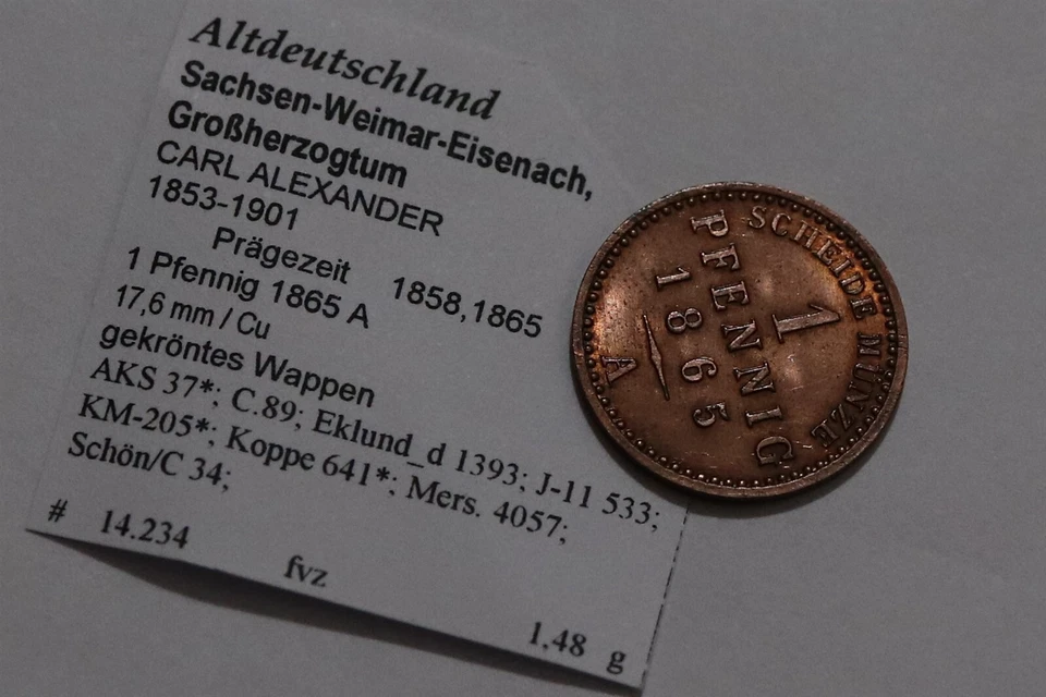 🧭 🇩🇪 GERMANY SAXONY WEIMAR 1 PFENNIG 1865 A HIGH GRADE B79 #2866 - Image 1 of 2