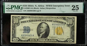 1934A $10 North Africa WWII Emergency Issue Silver Certificate Note PMG 25 VF - Picture 1 of 2