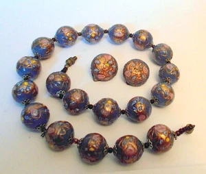 Juego COLLAR Y PENDIENTES De Colección VIDRIO VENECIANO MURANO Manchas Doradas Aventurina Floral - Imagen 1 de 12