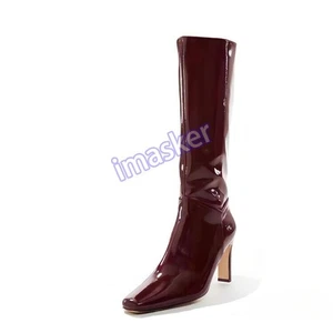 Women's Knee High Boots Block Heels Shoes Shiny Leather Sexy Fashion Office Lady - Picture 1 of 4