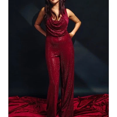 Alice + Olivia Salem Draped Crystal Wide-Leg Jumpsuit burgundy red Size 8 - Image 1 of 4