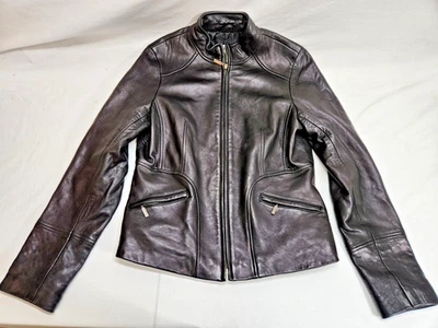 CALVIN KLEIN BLACK 100% GENUINE BLACK LEATHER WOMAN'S JACKET SIZE MEDIUM #200 - Image 1 of 4