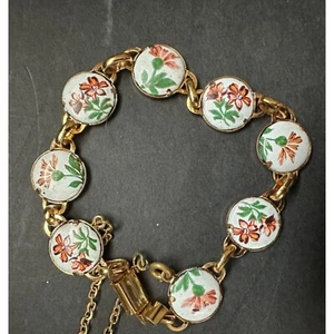 Enamel Cloisonne Link Bracelet Safety Clasp Goldtone - Picture 1 of 5