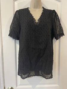 Anyfit Wear Size L Black Chiffon Top Jacquard Short Sleeve Swiss Dot Lace Trim - Picture 1 of 12