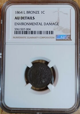 1864L Bronze Indian Head Cent AU Details Enviro Damage - NGC Graded KEY DATE - Image 1 of 2