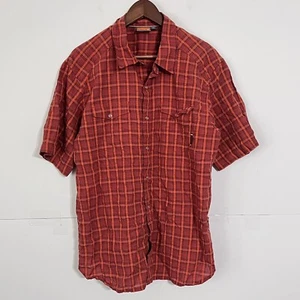 Merrell Mens Pearl Snap Shirt Size L Orange Check Seersucker Short Sleeve - Picture 1 of 7