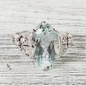 Art Deco 14K White Gold Aquamarine Diamond Ring 6.25 Antique Luxury Pretty - Picture 1 of 9
