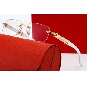 White Wood Arm Rimless Clear Lens Rectangular Gold Frame Unisex Square Glasses - Picture 1 of 6