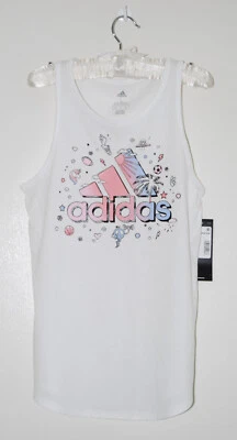 Camiseta sin mangas Adidas Big Girls blanca pastel con logotipo deportivo dobladillo curvo nueva con etiquetas talla L 14 Foto 1 de 4