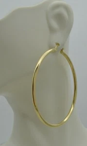 Real 14k Solid Yellow Gold "big Large" Plain Round hoop Earrings 55mm x2MM 3.2GR - Picture 1 of 5