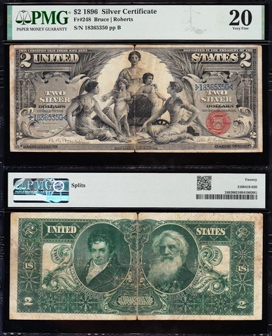 NICE *RARE* Bold VF 1896 $2 "EDUCATIONAL" Silver Cert.! PMG 20! FREE SHIPPING! Cover