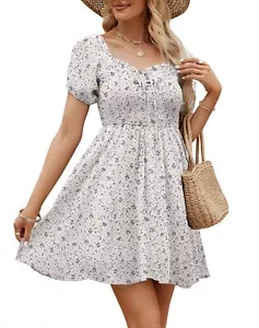 Womens Off The Shoulder Casual Dress Summer Short Sleeve (White Floral,Large) - Picture 1 of 6