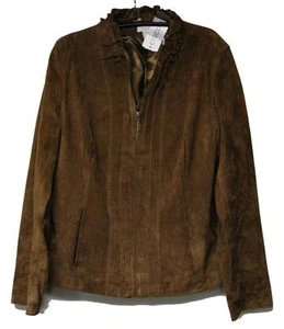 CHICO'S SUEDE ELEGANCE RIANNA RUFFLE JACKET ACORN BROWN CHICOS SZ 1=8/10 NWT$299 - Picture 1 of 6