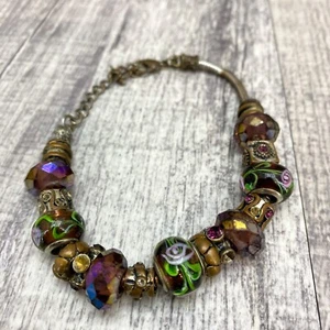 Vintage Art Glass Bead Slider Rhinestone Charm Silver Tone Bracelet 8" Long - Picture 1 of 6