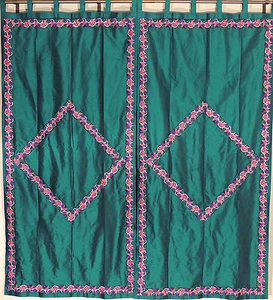 Trellis Embroidery Pine Green Curtains - 2 Faux Dupion Window Fashion Panels 82" - Picture 1 of 5