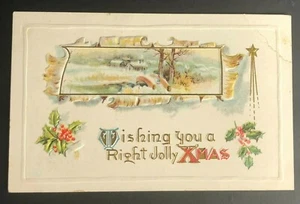 Antike Weihnachts Postkarte Verschneite Haus Fußgängerbrücke JOLLY XMAS geprägt Vintage - Bild 1 von 8
