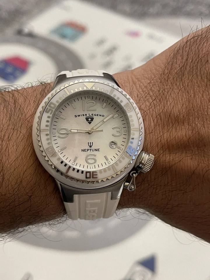 Swiss Legend Neptune Men’s MOP Date Dial St. Steel White Ceramic Watch Sporty - Image 1 of 4