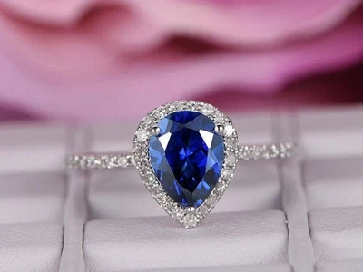 2.20 Ct Sapphire Natura Pear Diamond Ring 14K Solid White Gold Size All - Image 1 of 4
