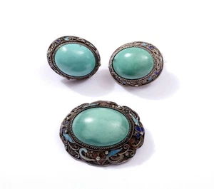 1970's Chinese Solid Silver Turquoise Carved Cabochon Pin Earrings Set Marked - Picture 1 of 6