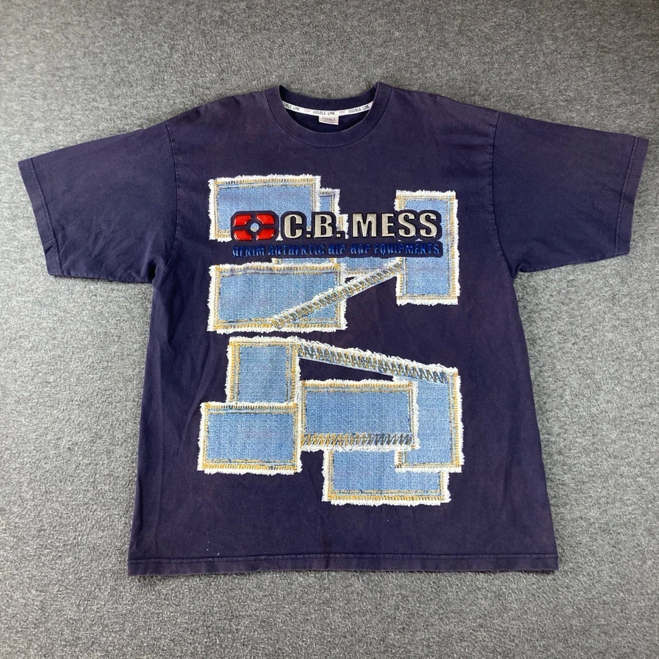 Vintage años 90 C.B. Camiseta MESS 2XL Azul Marino Denim Gráfico Camiseta Hip Hop Streetwear Foto 1 de 4