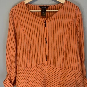 Ali Miles Shirt Women 1X Button Popover Roll Tab Orange Black Wire Art To Wear - Picture 1 of 17