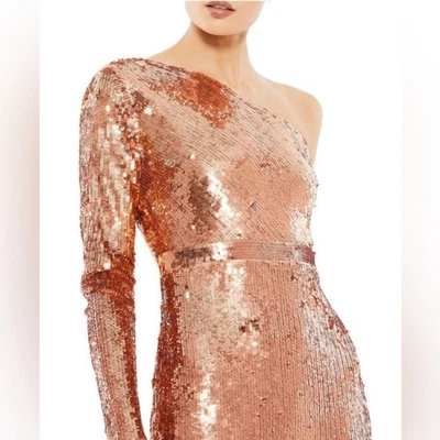 Vestido Mac Duggal Talla 12 NUEVO Estilo 10788 Asimétrico Un Hombro Lentejuelas Cobre Foto 1 de 4