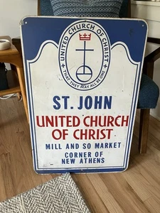 Vintage Metall Kirchenschild 30”x20” St. John United Church Of Christ Adv Stout - Bild 1 von 10