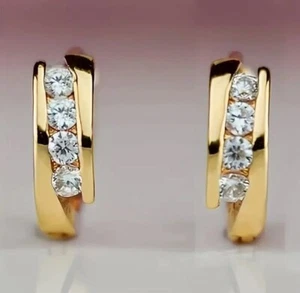 NEW VERY SMALL HUGGIE ZIRCON CZ ROUND HOOP EARRINGS YELLOW GOLD 18K PLATED .50" - Picture 1 of 5