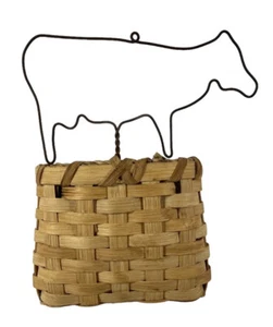 Vintage Wicker Hanging Basket & Metal Cow Decor Rustic Farmhouse Style Container - Picture 1 of 9